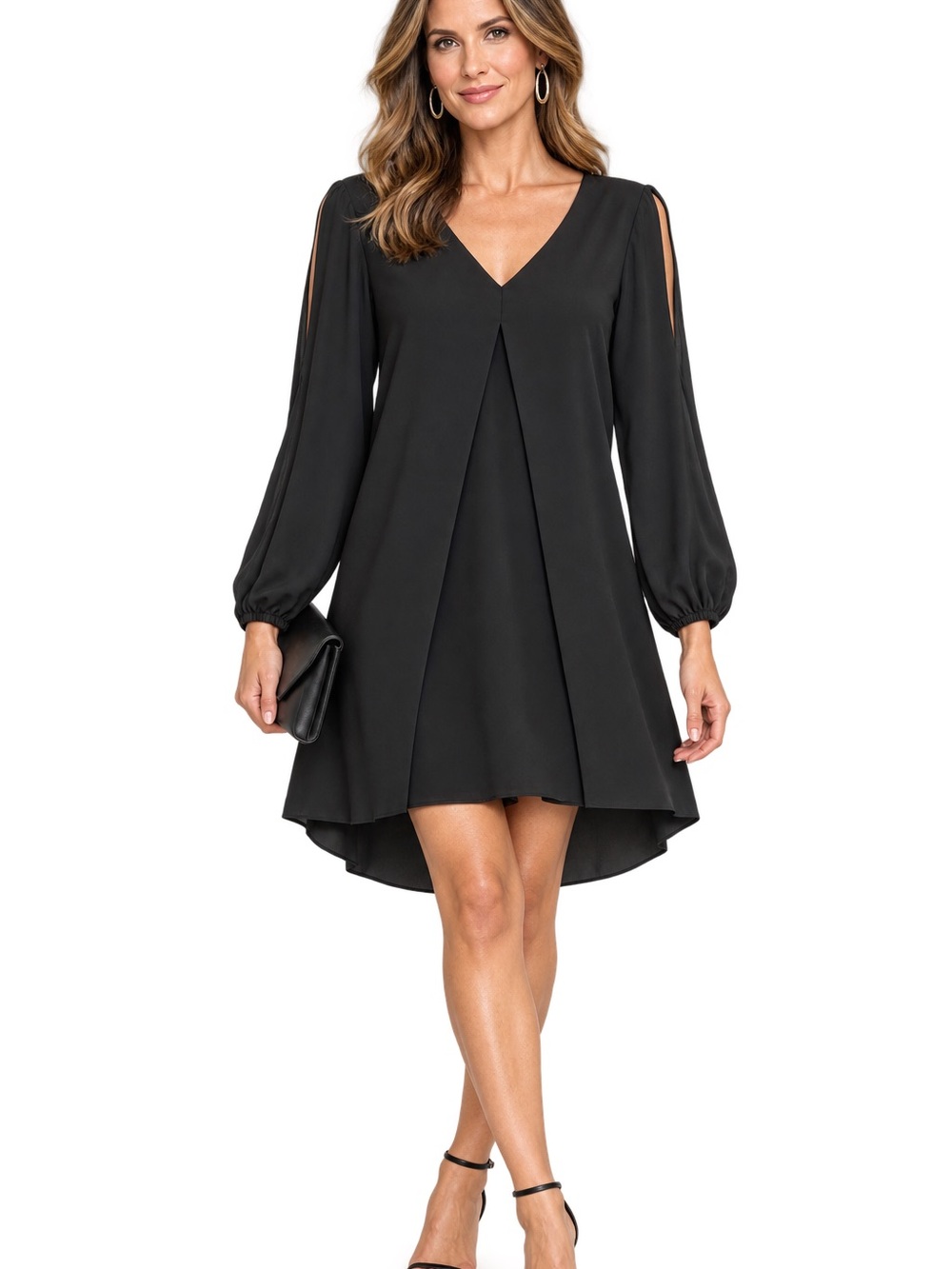 White House Black Market Black V-Neck Split-Sleeve Dress. Size 8